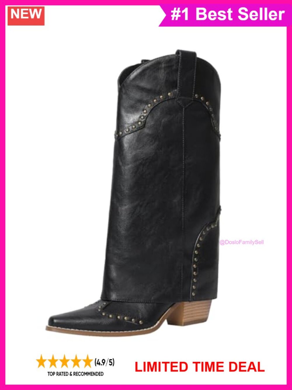 Faux Leather Knee High Cowboy Boots Fold Over Block Heel Pull-On Western